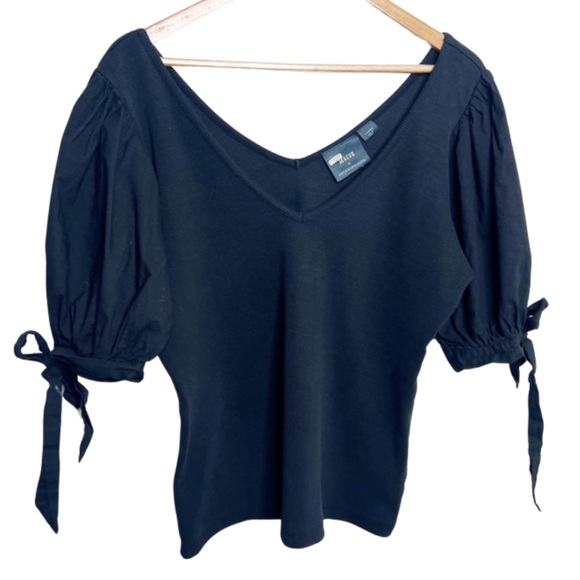 Anthropologie Maeve Black Puff Sleeve V Neck Tie Cuff Knit Top Womens Large - Picture 3 of 16